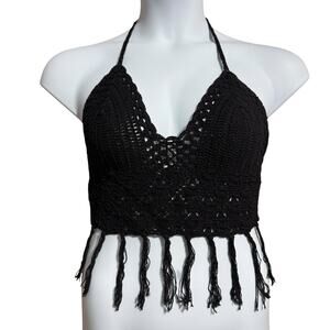 Uluwatu Black Boho crochet halter crop top with fringe - large